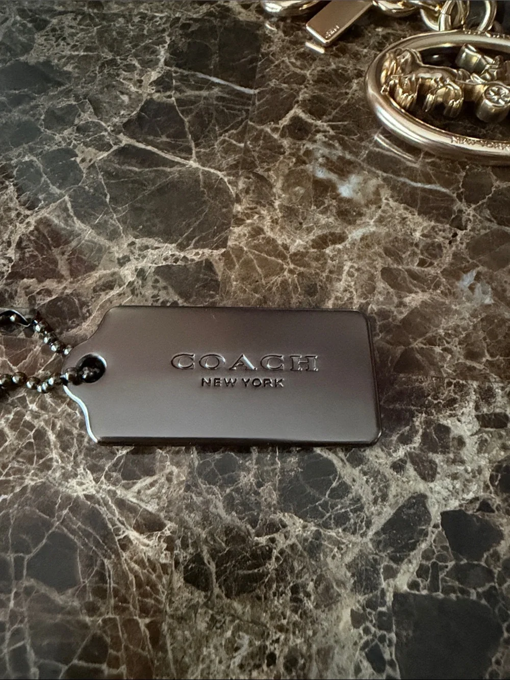 Coach Black Metal Dog Tag Keychain with Ball Chain
